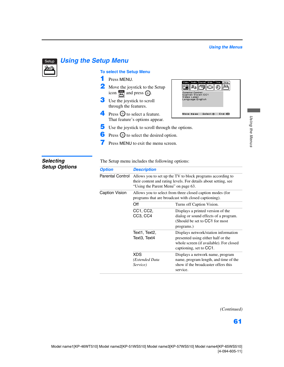 Using the setup menu, Selecting setup options | Sony KP-57WS510 User Manual | Page 61 / 83