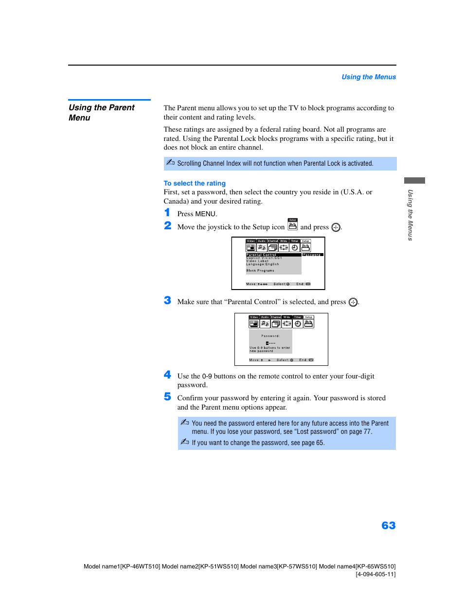 Using the parent menu | Sony KP-57WS510 User Manual | Page 63 / 83