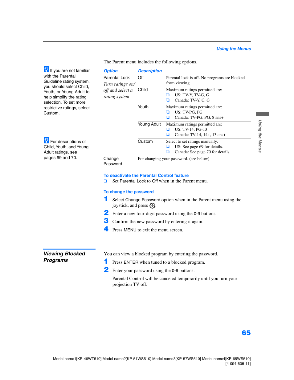 Viewing blocked programs | Sony KP-57WS510 User Manual | Page 65 / 83