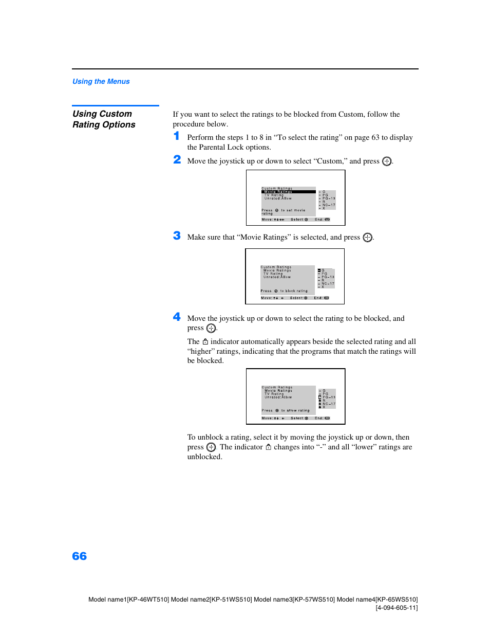 Using custom rating options | Sony KP-57WS510 User Manual | Page 66 / 83