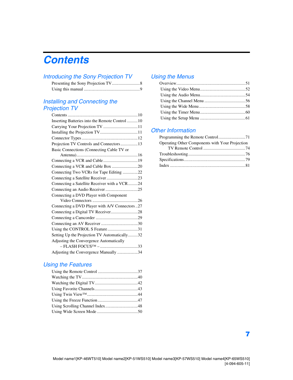Sony KP-57WS510 User Manual | Page 7 / 83