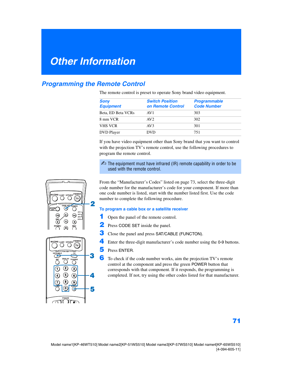 Other information, Programming the remote control | Sony KP-57WS510 User Manual | Page 71 / 83