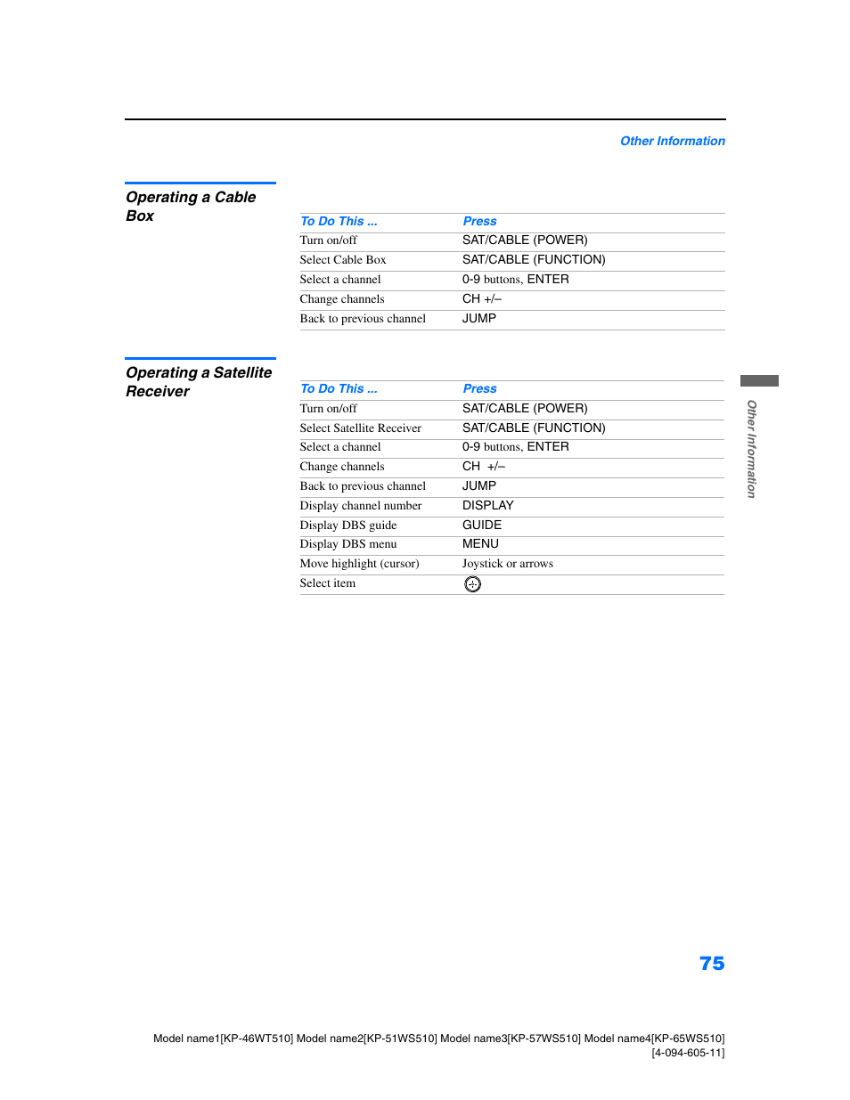 Operating a cable box, Operating a satellite receiver | Sony KP-57WS510 User Manual | Page 75 / 83