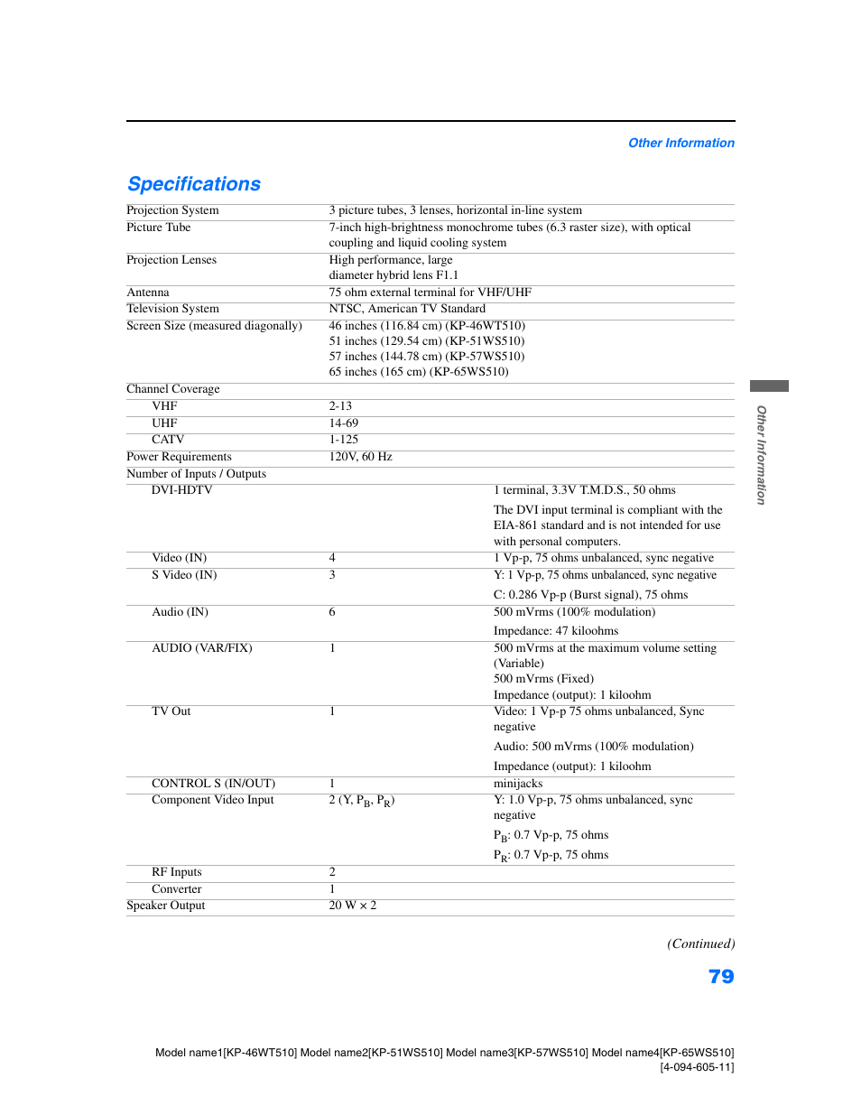 Specifications | Sony KP-57WS510 User Manual | Page 79 / 83