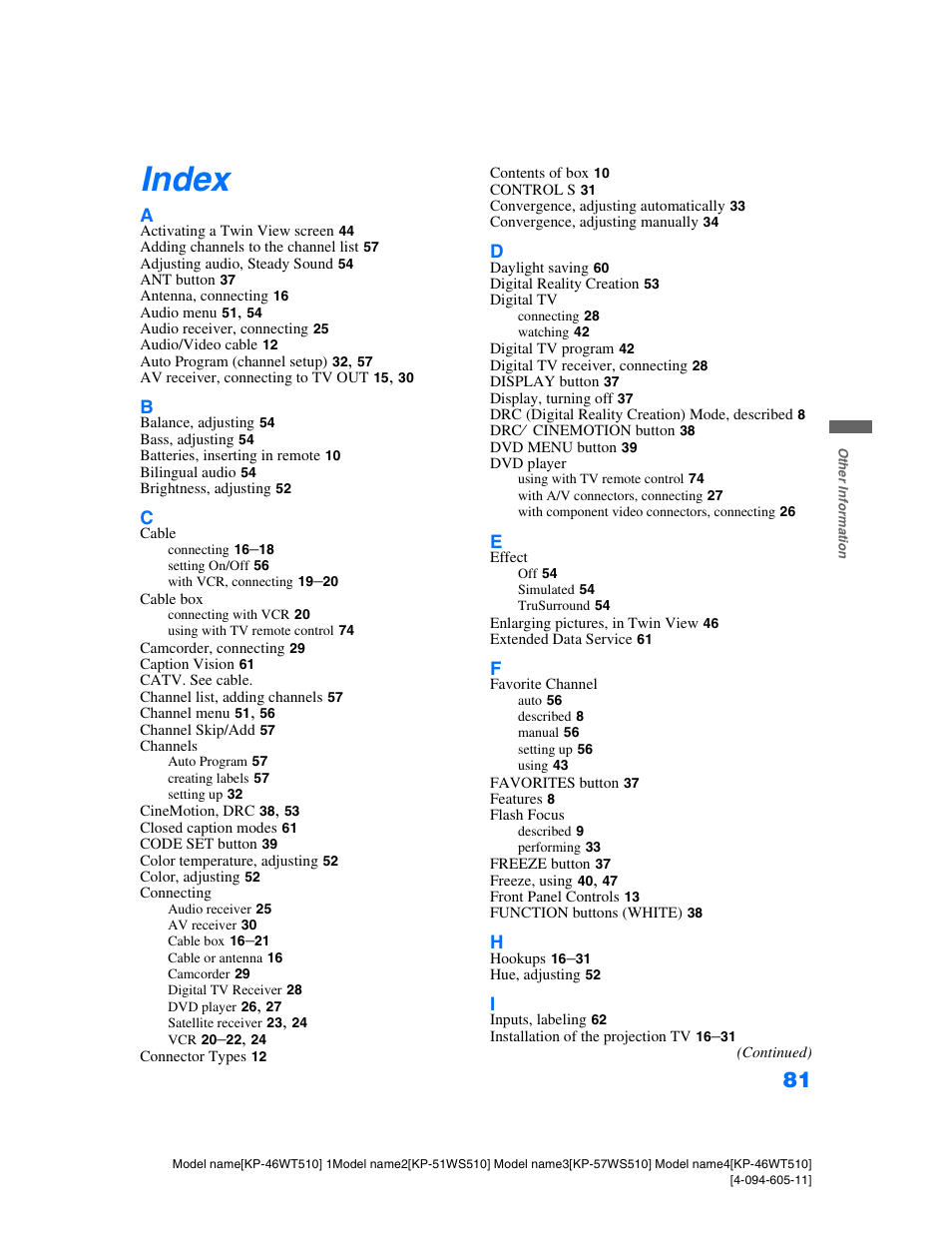 Index | Sony KP-57WS510 User Manual | Page 81 / 83