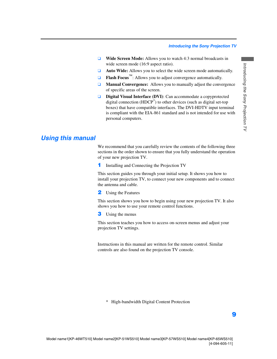 Using this manual | Sony KP-57WS510 User Manual | Page 9 / 83