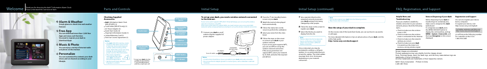 Welcome, Faq, registration, and support, Parts and controls | Initial setup, Initial setup (continued), Alarm & weather, Free app, Music & photo, Personalize | Sony HID-B70T User Manual | Page 2 / 2