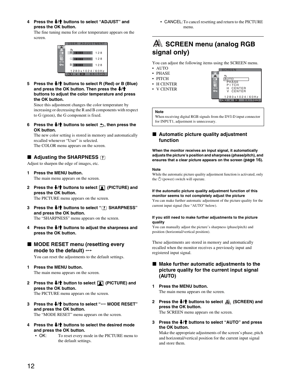Screen menu (analog rgb signal only) | Sony SDM-HS95PS User Manual | Page 12 / 20