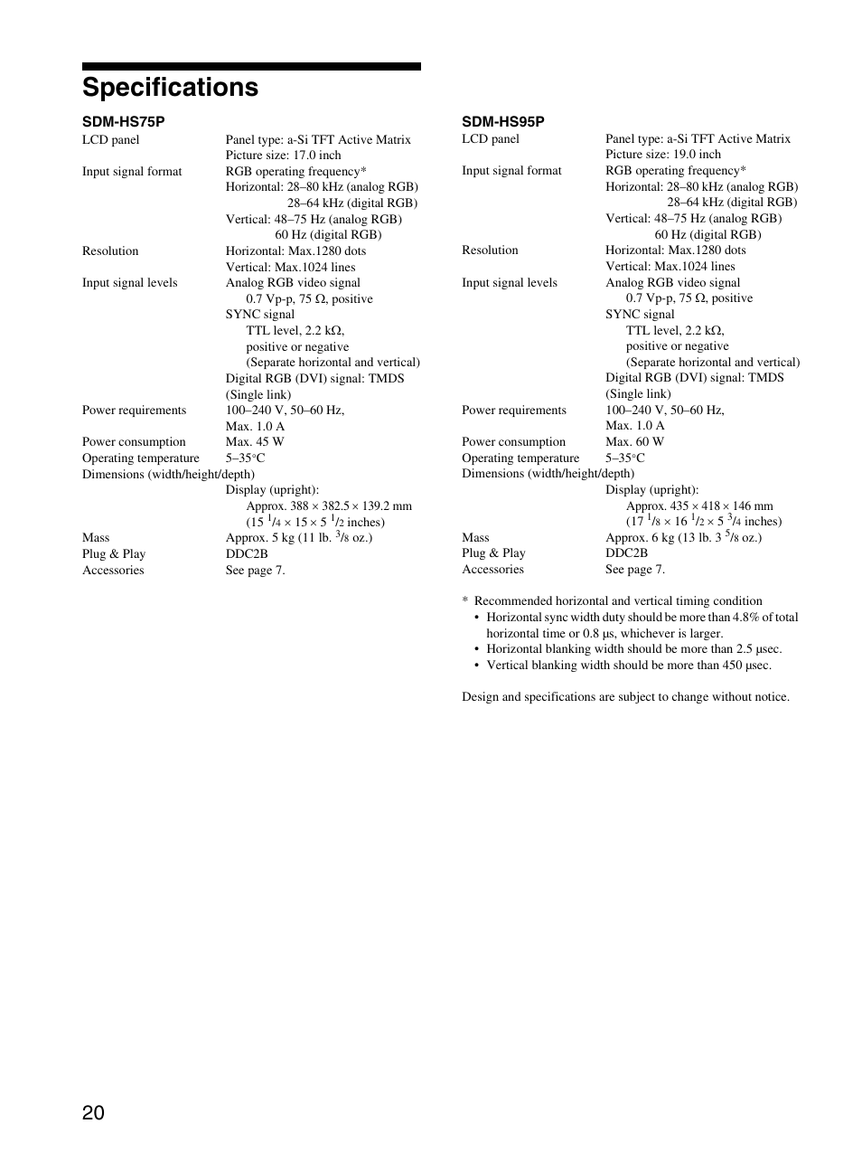 Specifications | Sony SDM-HS95PS User Manual | Page 20 / 20