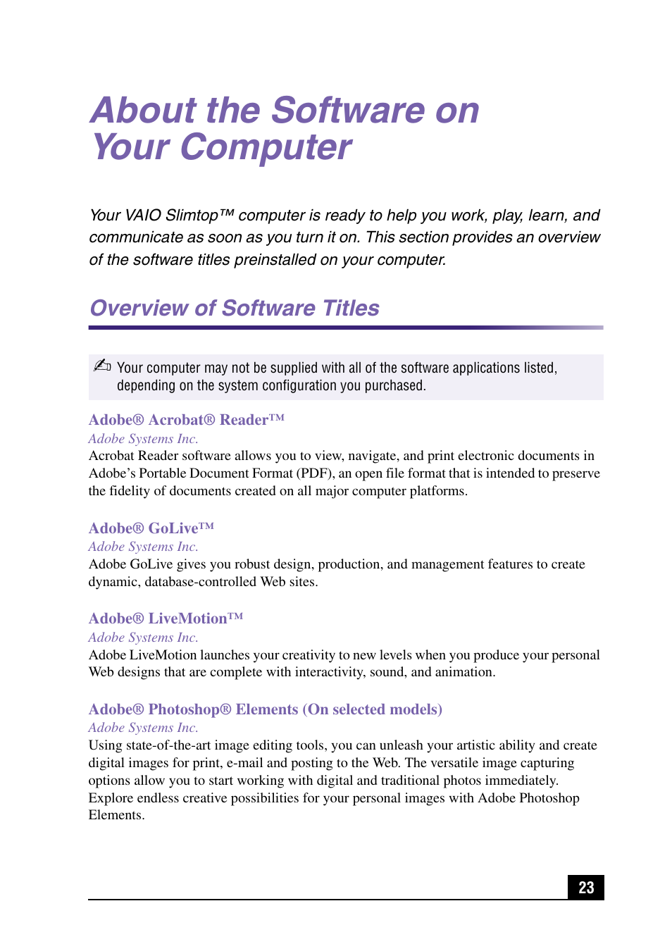 About the software on your computer, Overview of software titles | Sony PCV-LX920 User Manual | Page 23 / 56