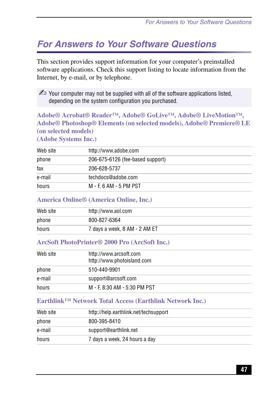 For answers to your software questions | Sony PCV-LX920 User Manual | Page 47 / 56