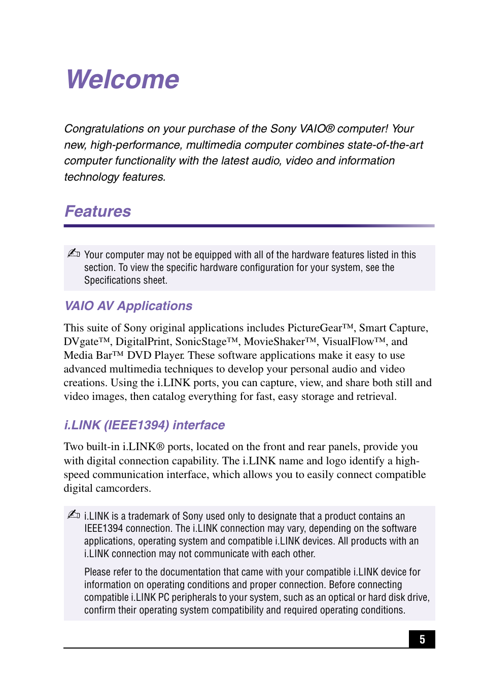 Welcome, Features | Sony PCV-LX920 User Manual | Page 5 / 56