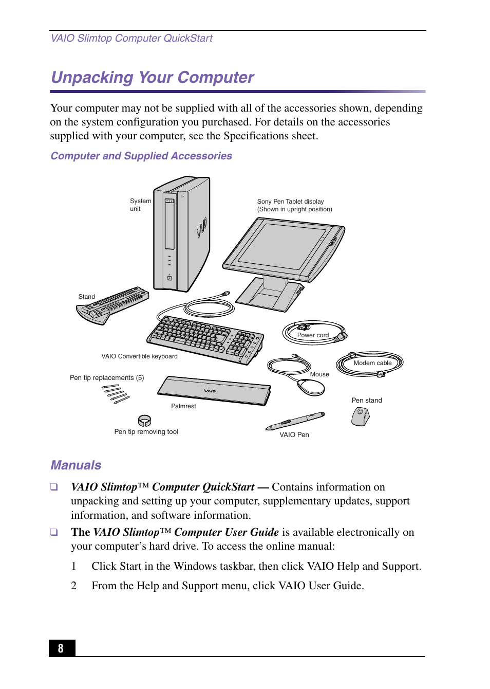 Unpacking your computer, Manuals | Sony PCV-LX920 User Manual | Page 8 / 56