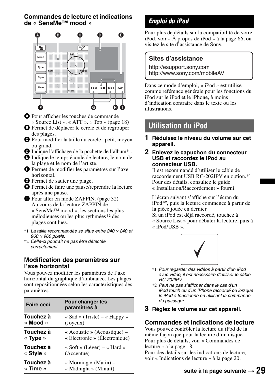 Emploi du ipod, Utilisation du ipod, Modification des paramètres sur l’axe horizontal | Commandes et indications de lecture, Sites d’assistance | Sony XAV-72BT User Manual | Page 101 / 228