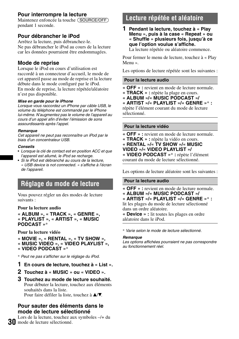 Réglage du mode de lecture, Lecture répétée et aléatoire | Sony XAV-72BT User Manual | Page 102 / 228