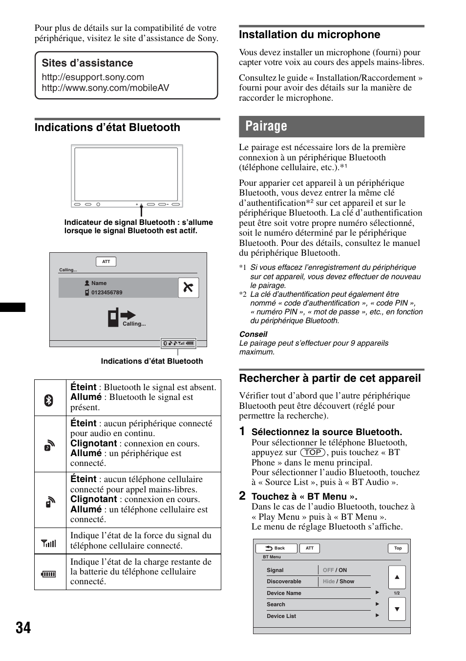 Indications d’état bluetooth, Installation du microphone, Pairage | Rechercher à partir de cet appareil, Sites d’assistance | Sony XAV-72BT User Manual | Page 106 / 228