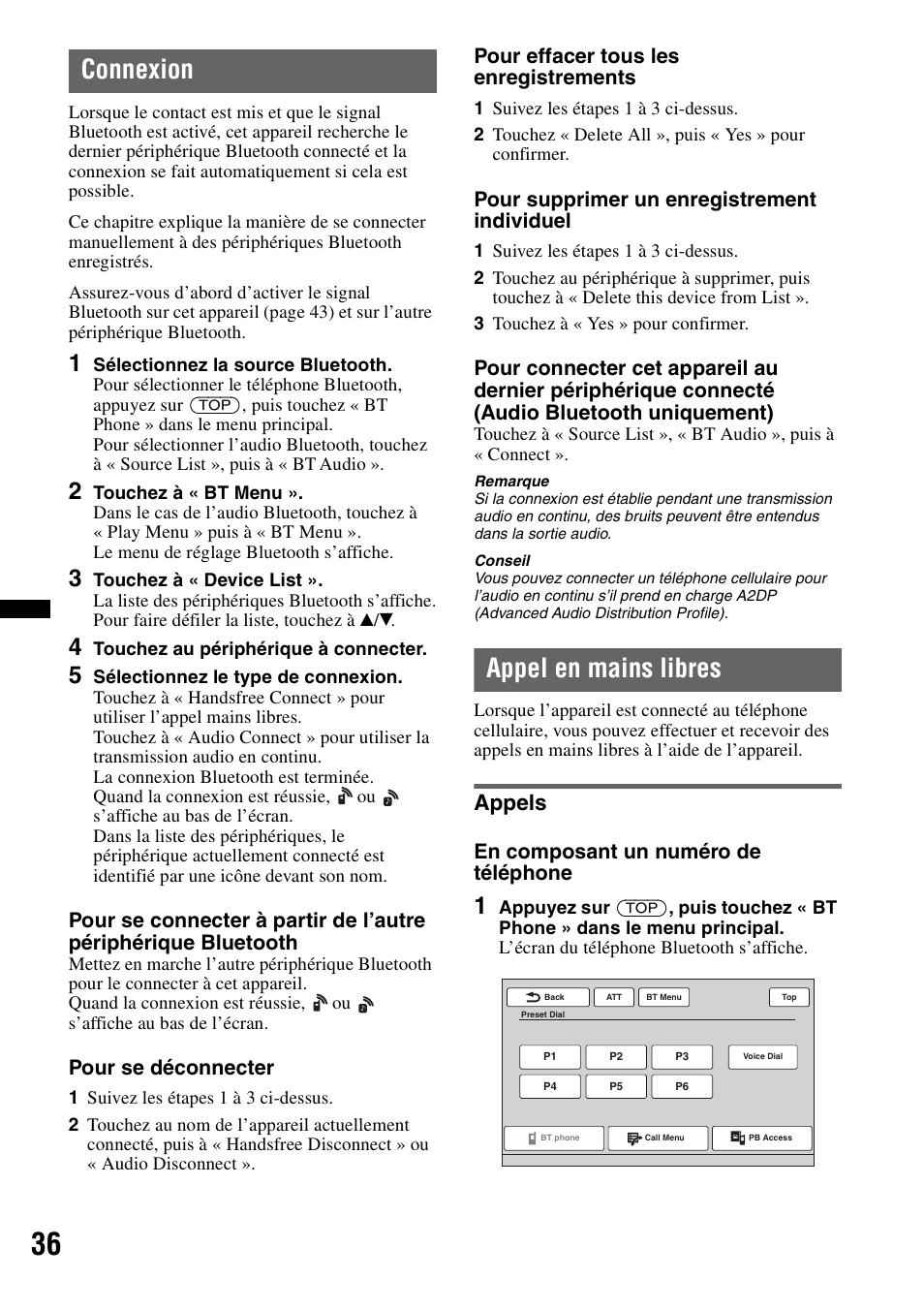 Connexion, Appel en mains libres, Appels | Sony XAV-72BT User Manual | Page 108 / 228