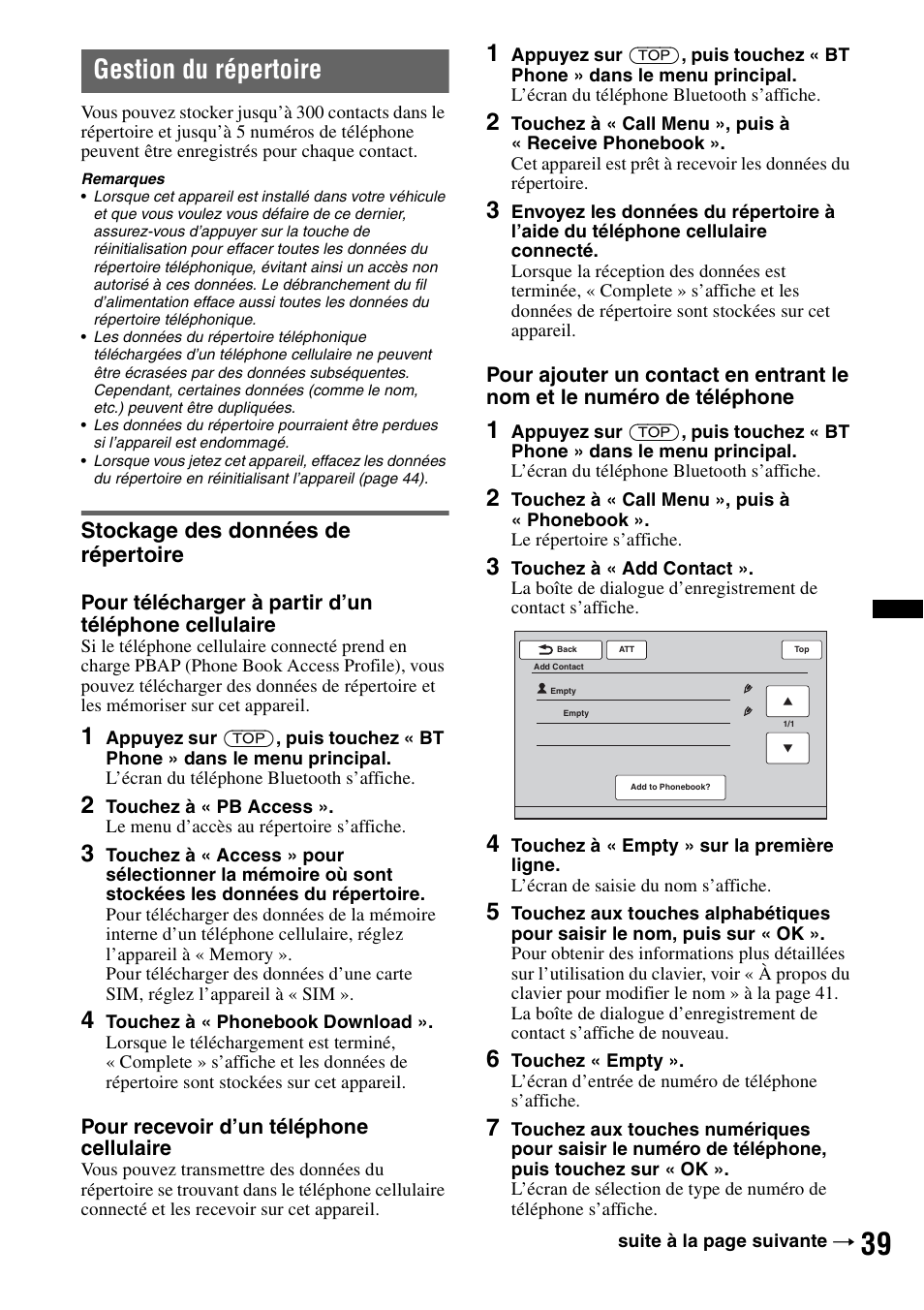 Gestion du répertoire, Stockage des données de répertoire | Sony XAV-72BT User Manual | Page 111 / 228