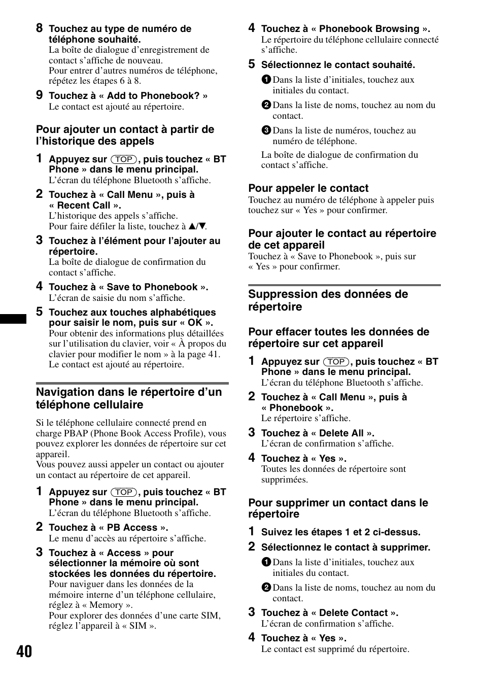 Suppression des données de répertoire | Sony XAV-72BT User Manual | Page 112 / 228