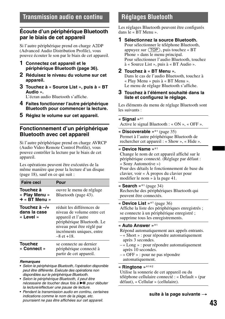 Transmission audio en continu, Réglages bluetooth | Sony XAV-72BT User Manual | Page 115 / 228