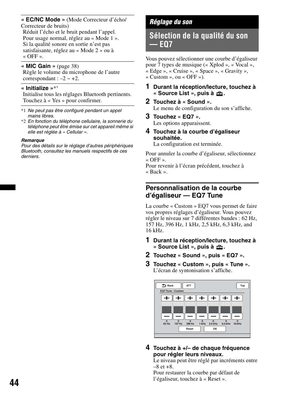 Réglage du son, Sélection de la qualité du son - eq7, Sélection de la qualité du son — eq7 | Sony XAV-72BT User Manual | Page 116 / 228