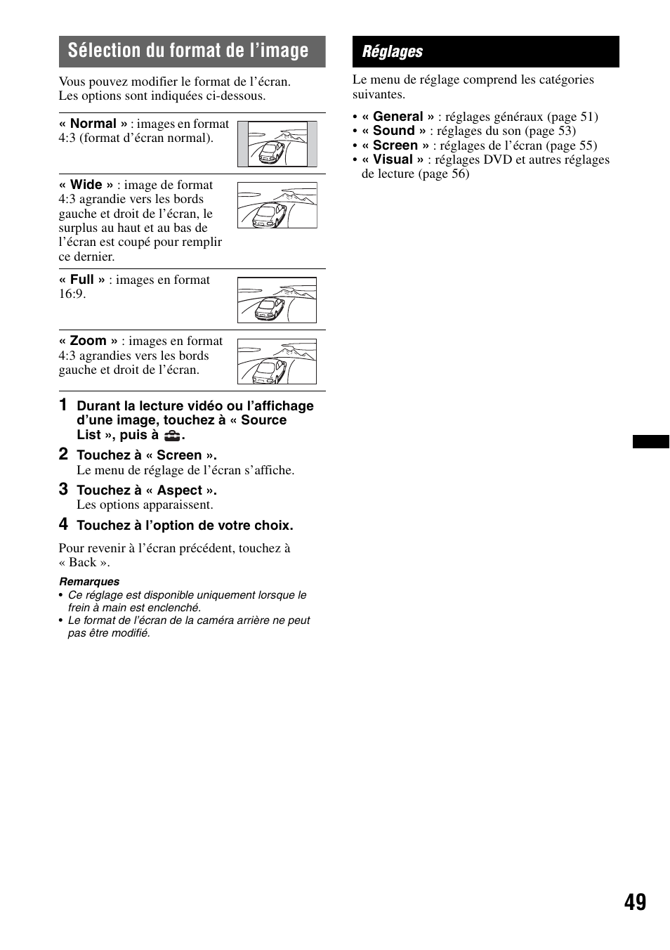 Sélection du format de l’image, Réglages | Sony XAV-72BT User Manual | Page 121 / 228