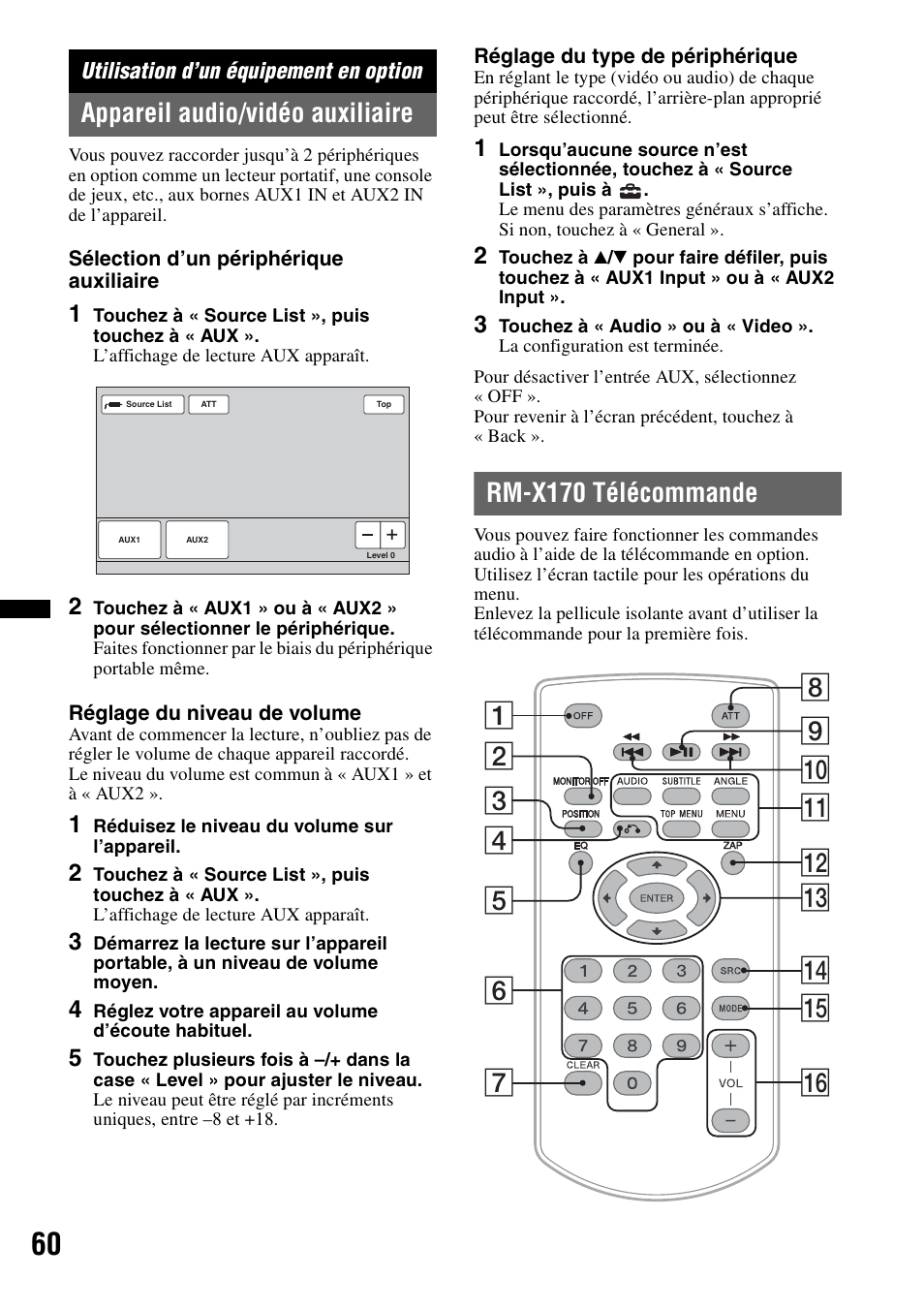 Utilisation d’un équipement en option, Appareil audio/vidéo auxiliaire, Rm-x170 télécommande | Sony XAV-72BT User Manual | Page 132 / 228