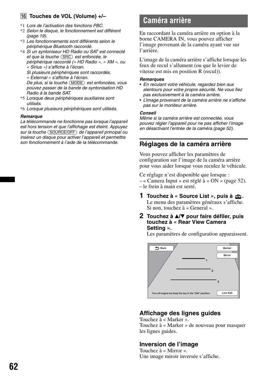 Caméra arrière, Réglages de la caméra arrière, Affichage des lignes guides | Inversion de l’image | Sony XAV-72BT User Manual | Page 134 / 228