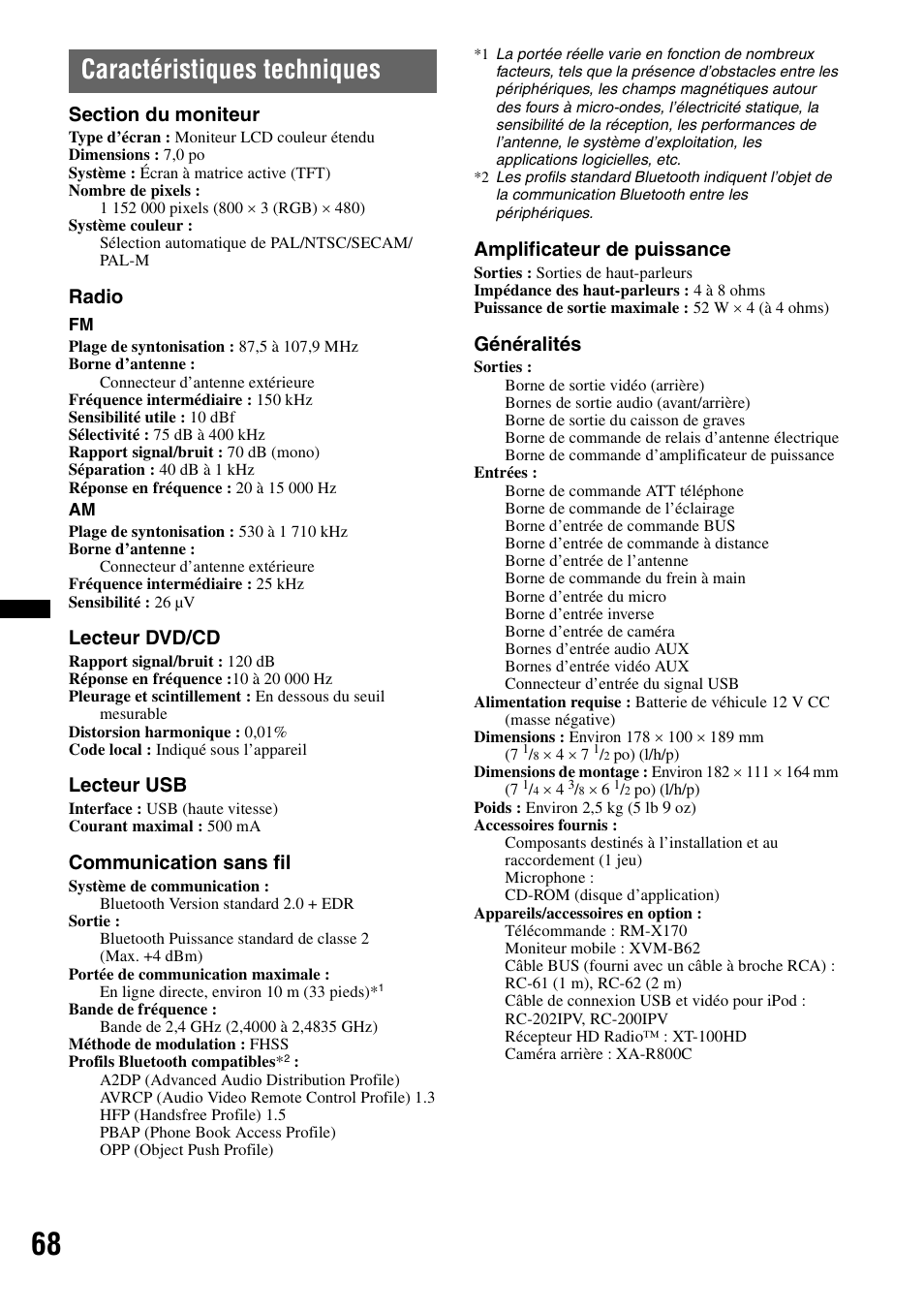 Caractéristiques techniques, Radio, Lecteur dvd/cd | Lecteur usb, Communication sans fil, Amplificateur de puissance, Généralités | Sony XAV-72BT User Manual | Page 140 / 228