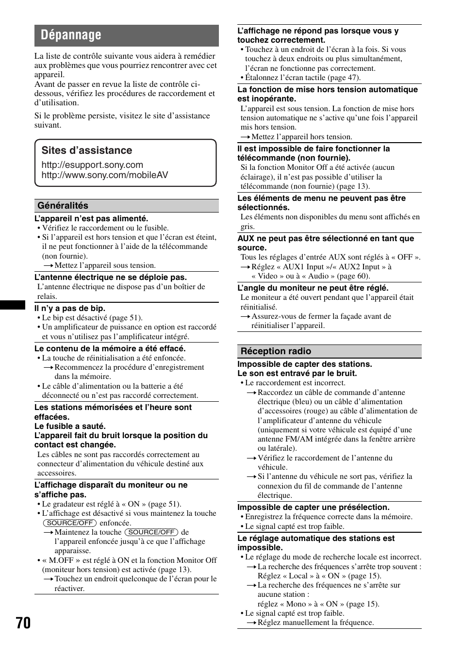 Dépannage, Sites d’assistance | Sony XAV-72BT User Manual | Page 142 / 228