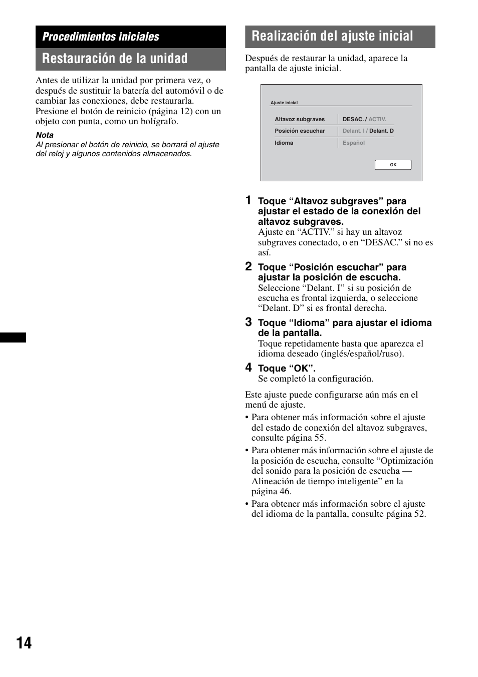 Procedimientos iniciales, Restauración de la unidad, Realización del ajuste inicial | Sony XAV-72BT User Manual | Page 162 / 228