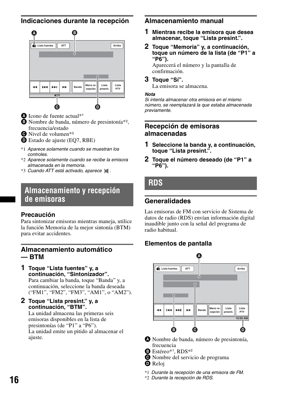 Indicaciones durante la recepción, Almacenamiento y recepción de emisoras, Almacenamiento automático - btm | Almacenamiento manual, Recepción de emisoras almacenadas, Generalidades, Almacenamiento automático — btm, Precaución, Elementos de pantalla | Sony XAV-72BT User Manual | Page 164 / 228