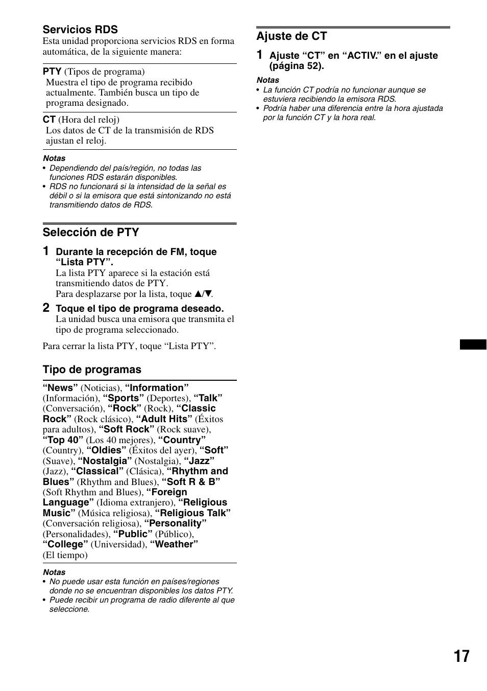 Selección de pty, Ajuste de ct, Selección de pty ajuste de ct | Sony XAV-72BT User Manual | Page 165 / 228