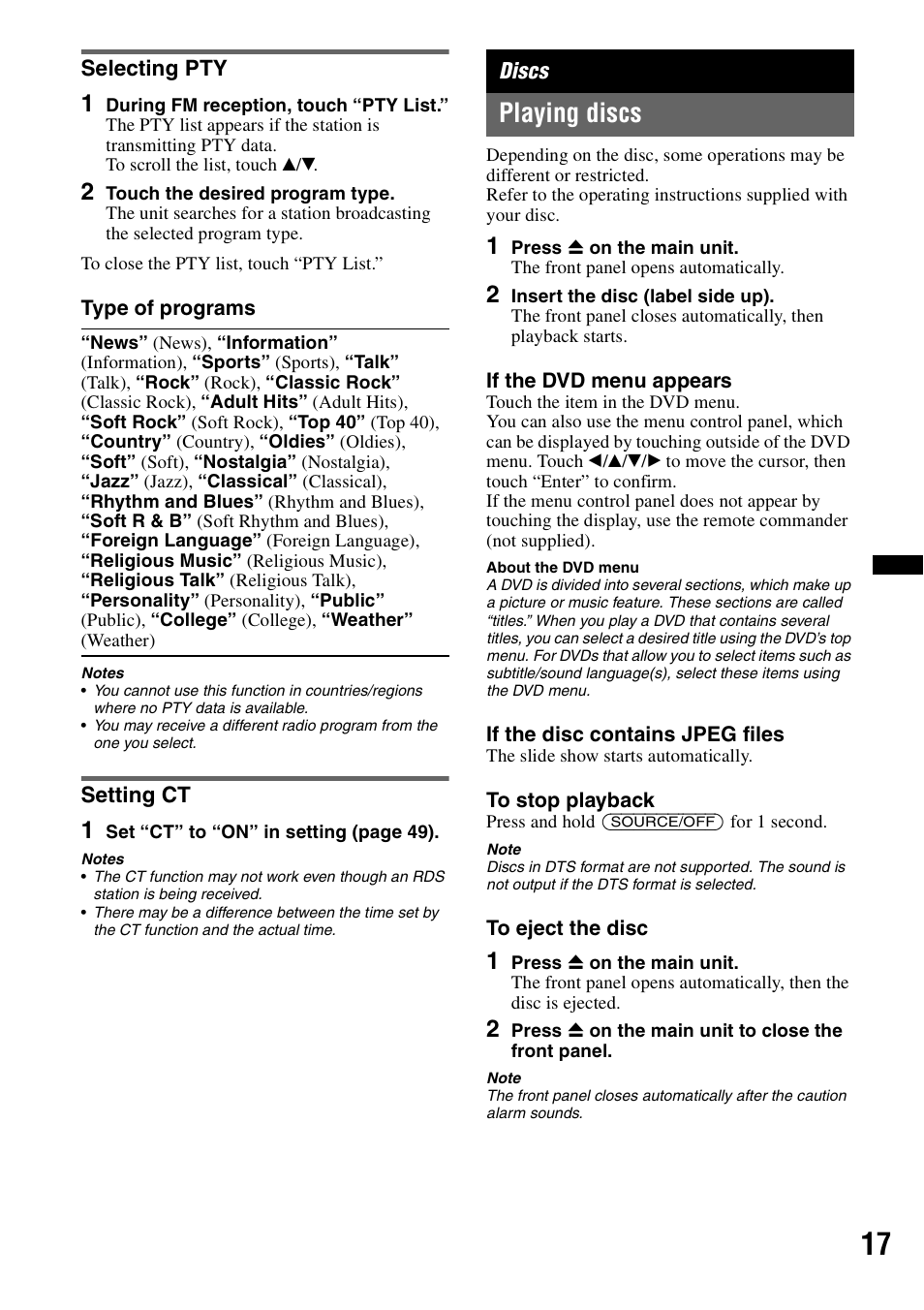 Selecting pty, Setting ct, Discs | Playing discs, Selecting pty setting ct | Sony XAV-72BT User Manual | Page 17 / 228