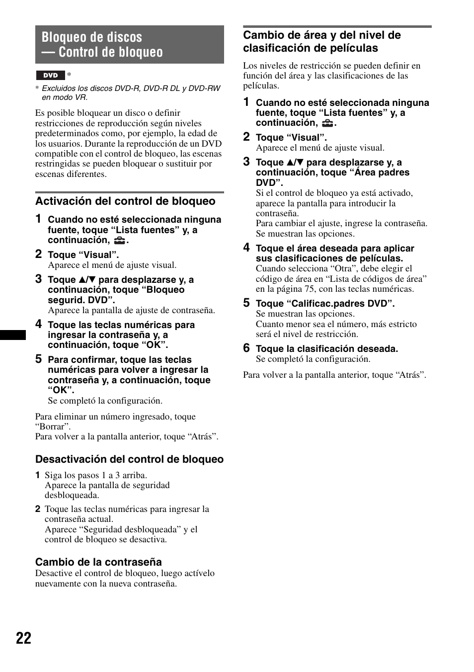 Bloqueo de discos - control de bloqueo, Activación del control de bloqueo, Bloqueo de discos — control de bloqueo | Sony XAV-72BT User Manual | Page 170 / 228