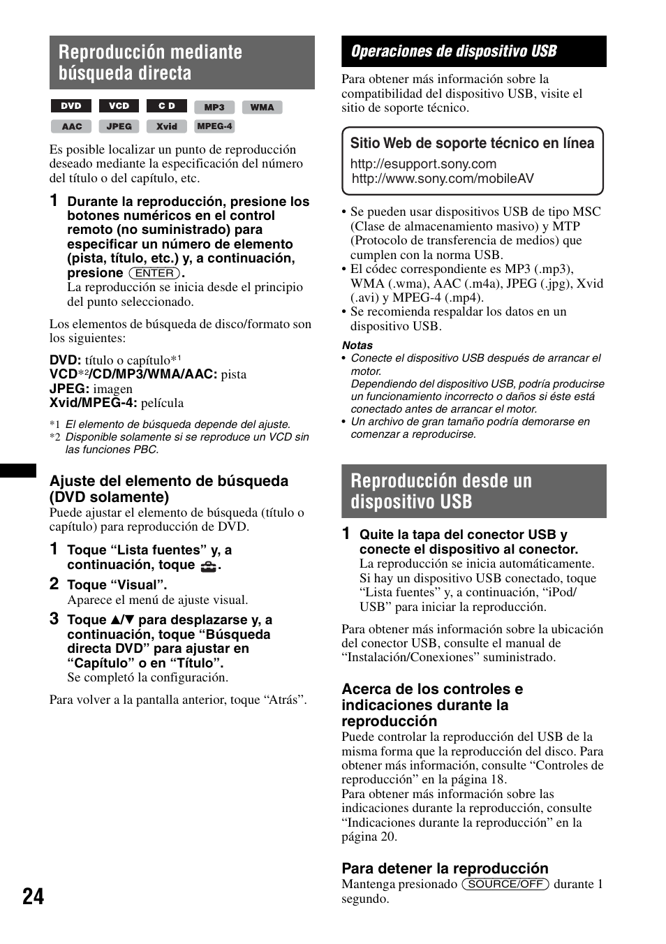 Reproducción mediante búsqueda directa, Operaciones de dispositivo usb, Reproducción desde un dispositivo usb | Sony XAV-72BT User Manual | Page 172 / 228