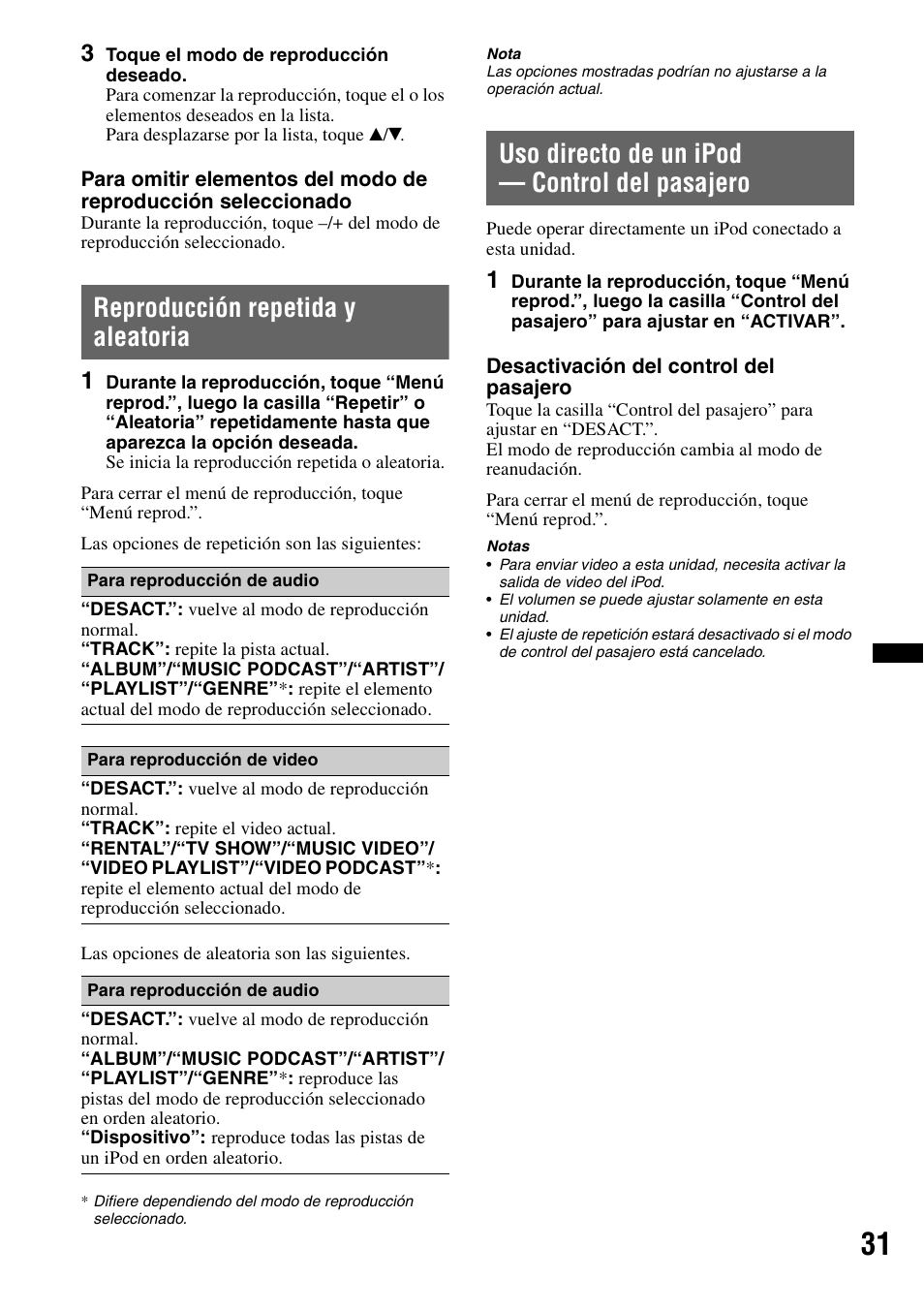 Reproducción repetida y aleatoria, Uso directo de un ipod - control del pasajero, Uso directo de un ipod — control del pasajero | Sony XAV-72BT User Manual | Page 179 / 228