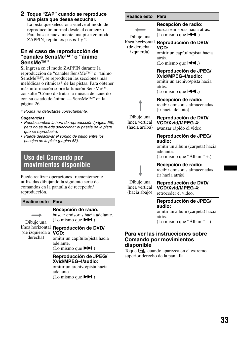 Uso del comando por movimientos disponible | Sony XAV-72BT User Manual | Page 181 / 228