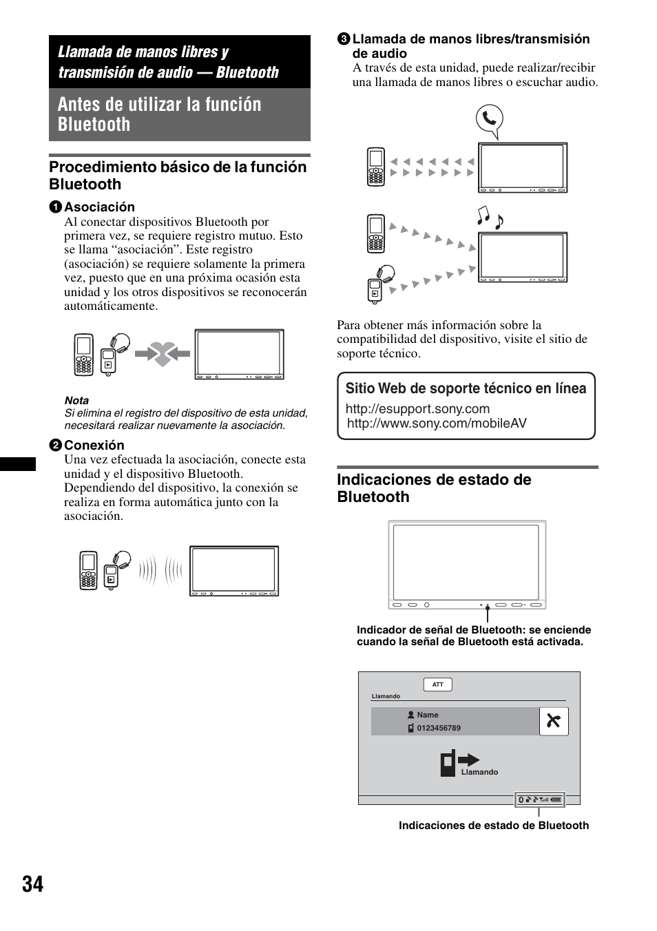 Antes de utilizar la función bluetooth, Procedimiento básico de la función bluetooth, Indicaciones de estado de bluetooth | Sony XAV-72BT User Manual | Page 182 / 228