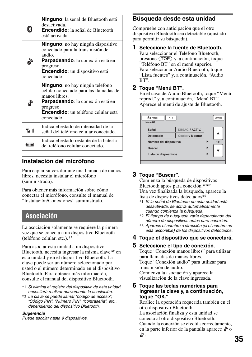 Instalación del micrófono, Asociación, Búsqueda desde esta unidad | Sony XAV-72BT User Manual | Page 183 / 228