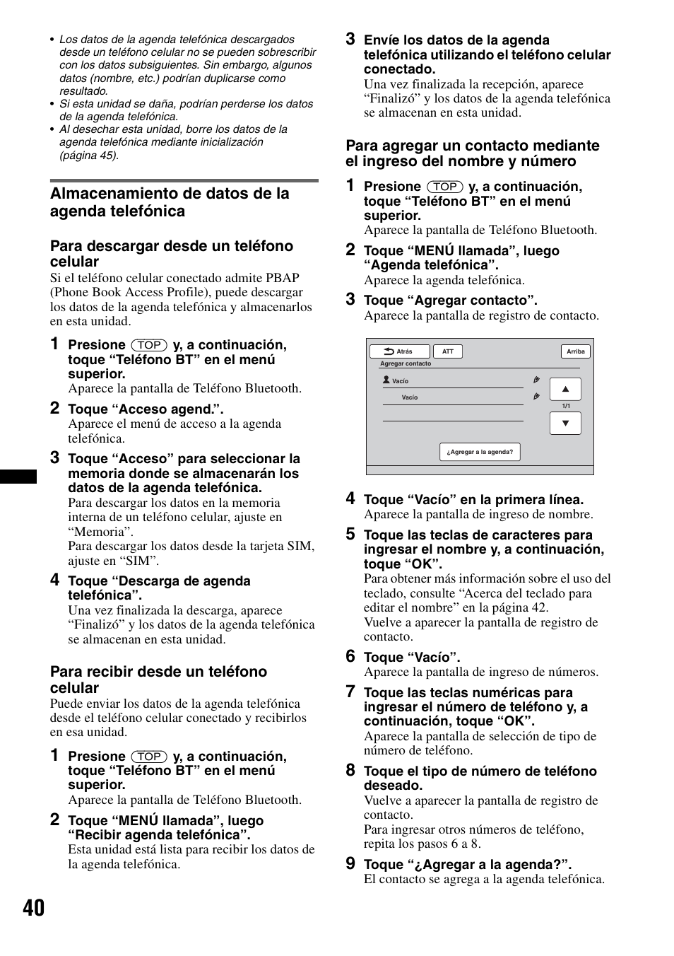 Almacenamiento de datos de la agenda telefónica | Sony XAV-72BT User Manual | Page 188 / 228