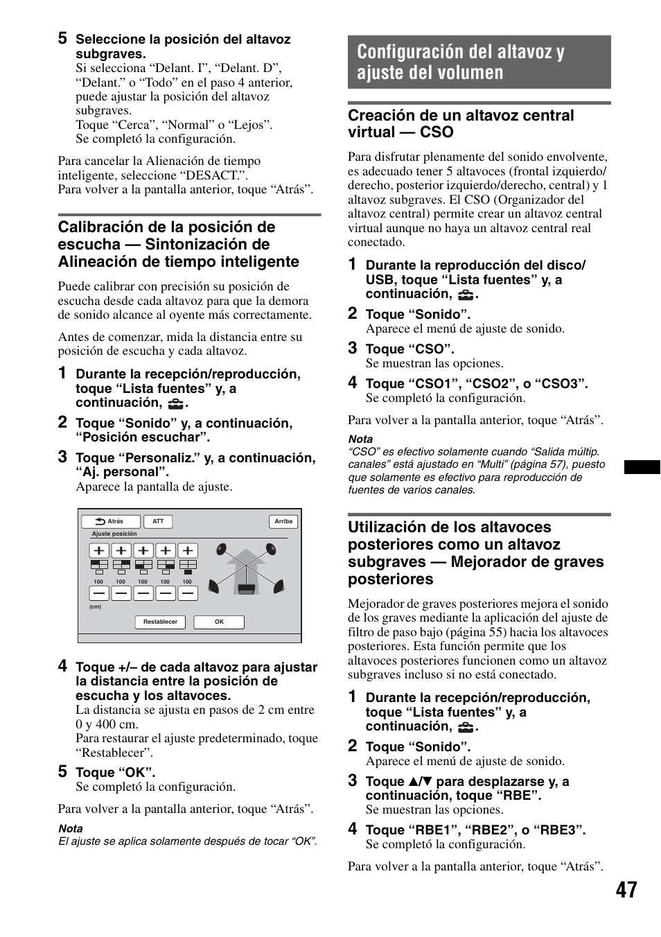 Configuración del altavoz y ajuste del volumen, Creación de un altavoz central virtual - cso, Creación de un altavoz central virtual — cso | Sony XAV-72BT User Manual | Page 195 / 228