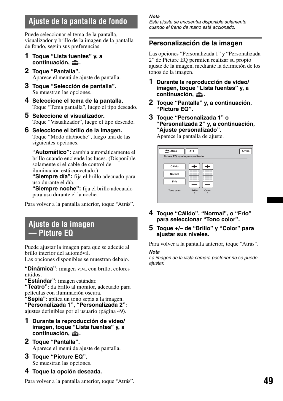 Ajuste de la pantalla de fondo, Ajuste de la imagen - picture eq, Personalización de la imagen | Ajuste de la imagen — picture eq | Sony XAV-72BT User Manual | Page 197 / 228