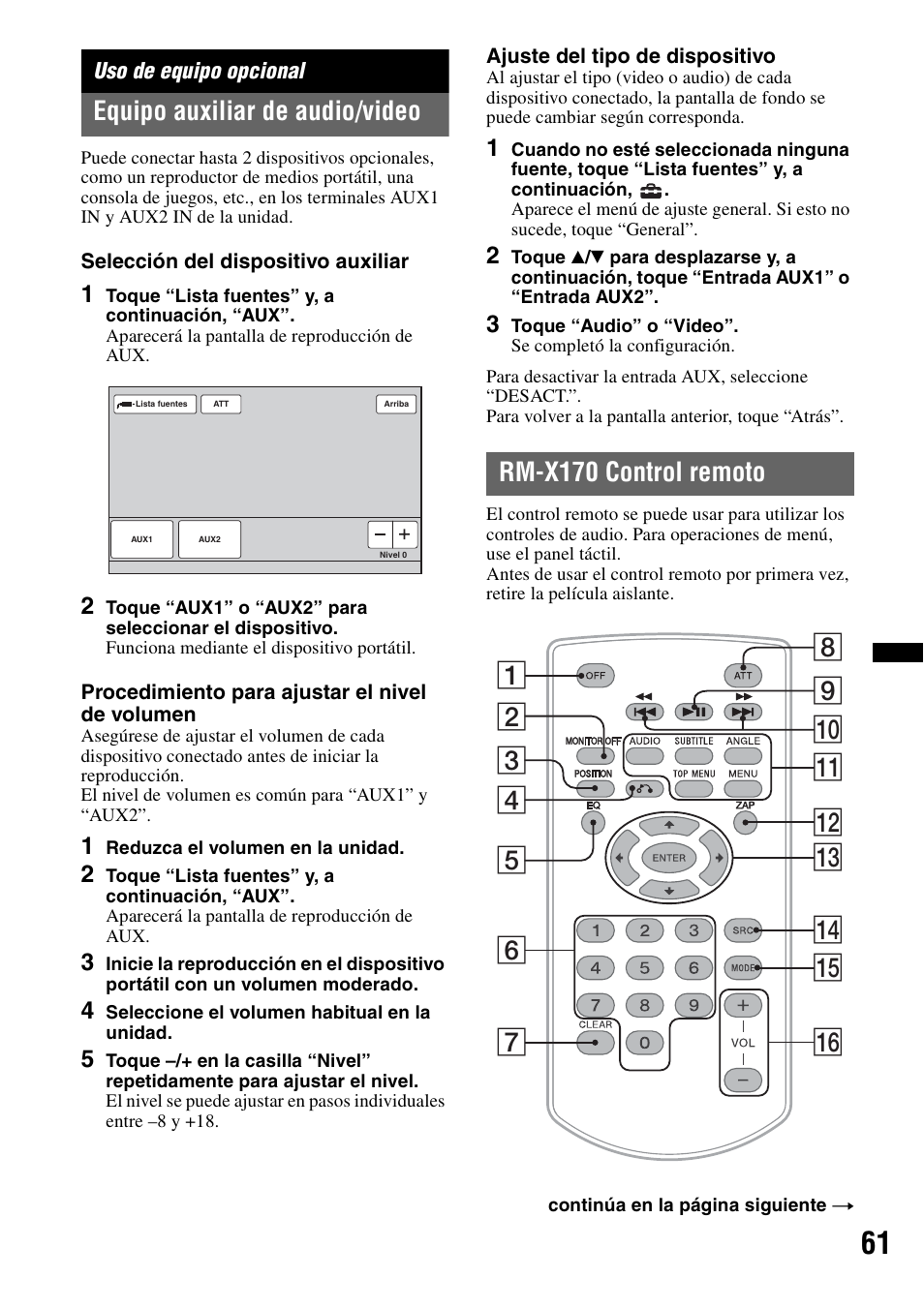 Uso de equipo opcional, Equipo auxiliar de audio/video, Rm-x170 control remoto | Sony XAV-72BT User Manual | Page 209 / 228