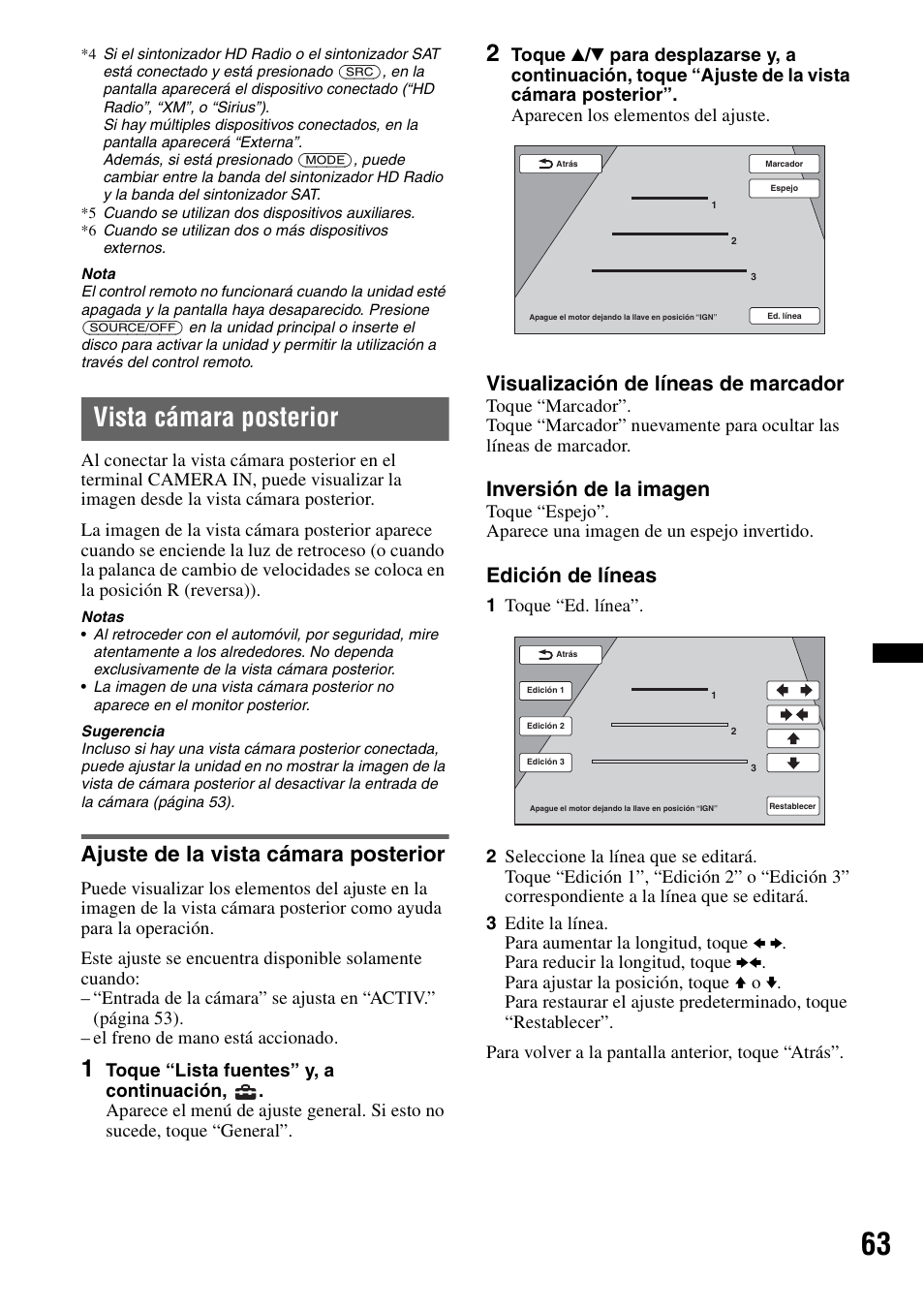 Vista cámara posterior, Ajuste de la vista cámara posterior, Visualización de líneas de marcador | Inversión de la imagen, Edición de líneas | Sony XAV-72BT User Manual | Page 211 / 228