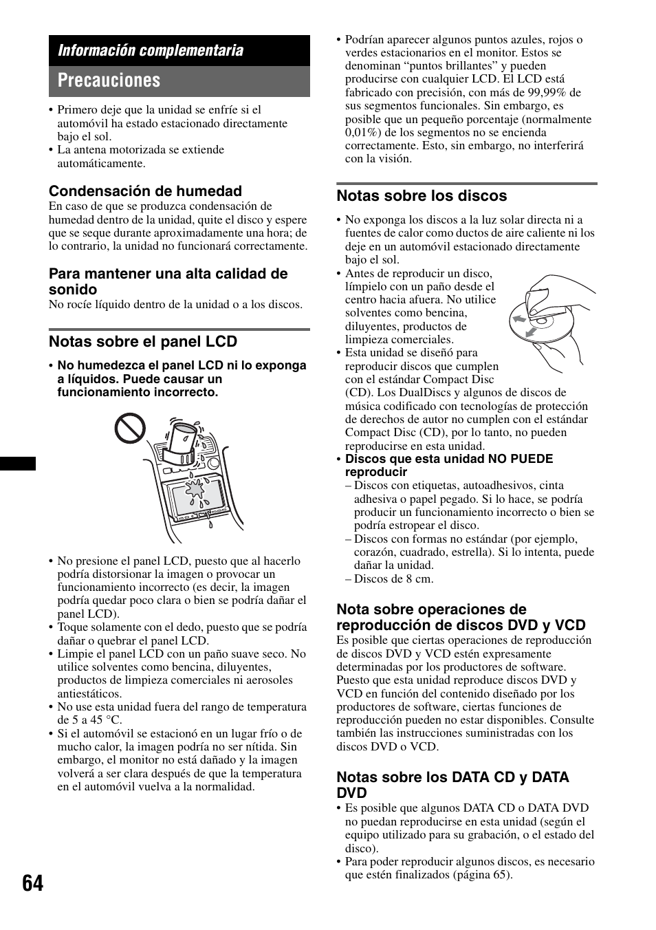 Información complementaria, Precauciones, Notas sobre el panel lcd | Notas sobre los discos, Notas sobre el panel lcd notas sobre los discos | Sony XAV-72BT User Manual | Page 212 / 228