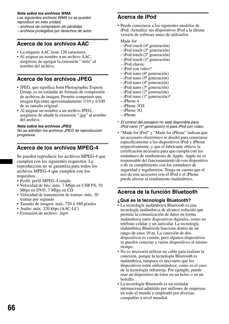 Acerca de los archivos aac, Acerca de los archivos jpeg, Acerca de los archivos mpeg-4 | Acerca de ipod, Acerca de la función bluetooth | Sony XAV-72BT User Manual | Page 214 / 228