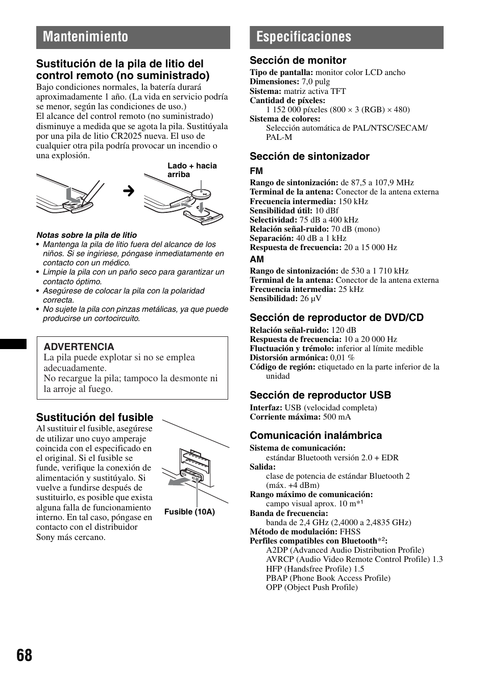 Mantenimiento, Especificaciones, Sustitución del fusible | Sony XAV-72BT User Manual | Page 216 / 228