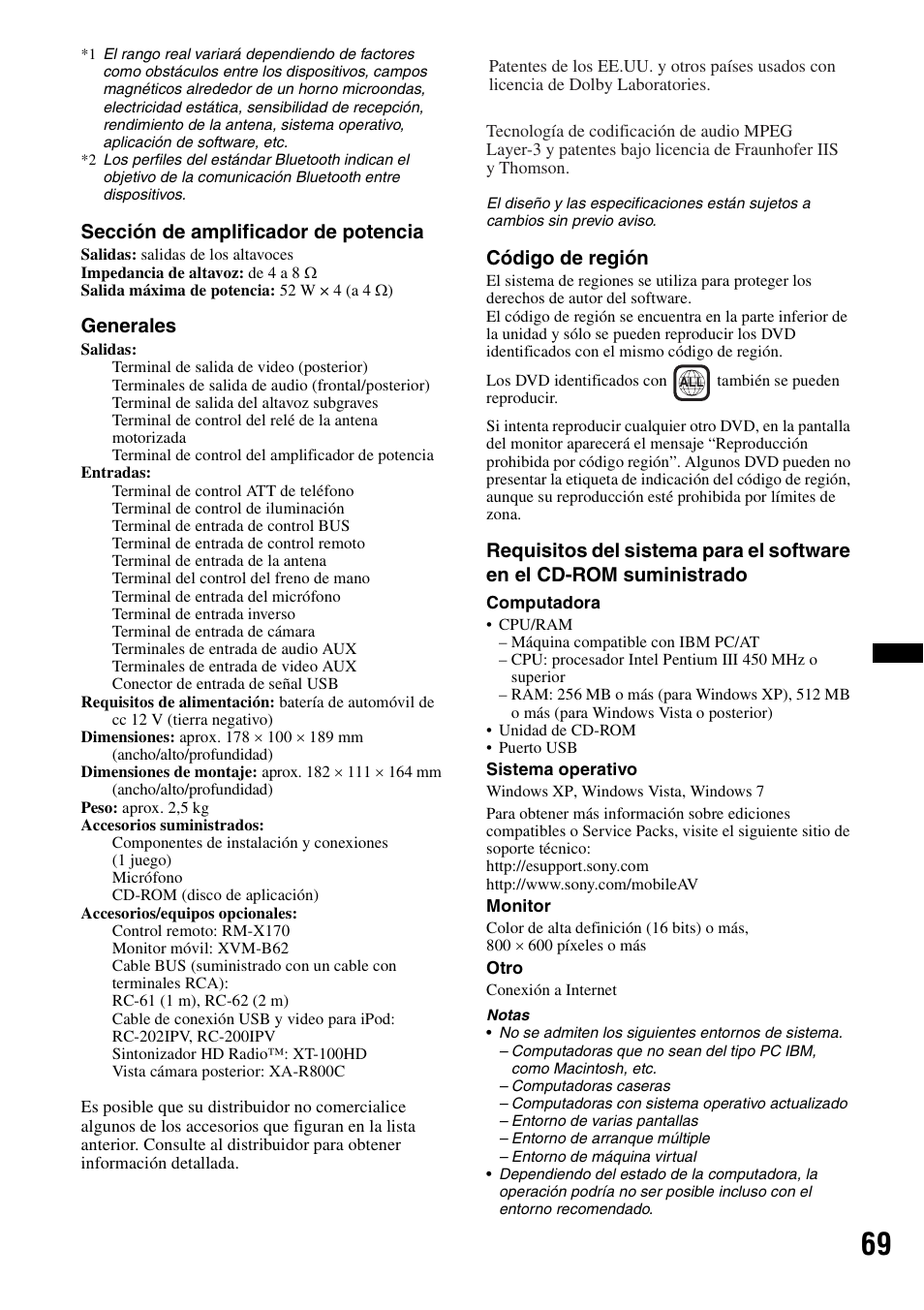 Sección de amplificador de potencia, Generales, Código de región | Sony XAV-72BT User Manual | Page 217 / 228