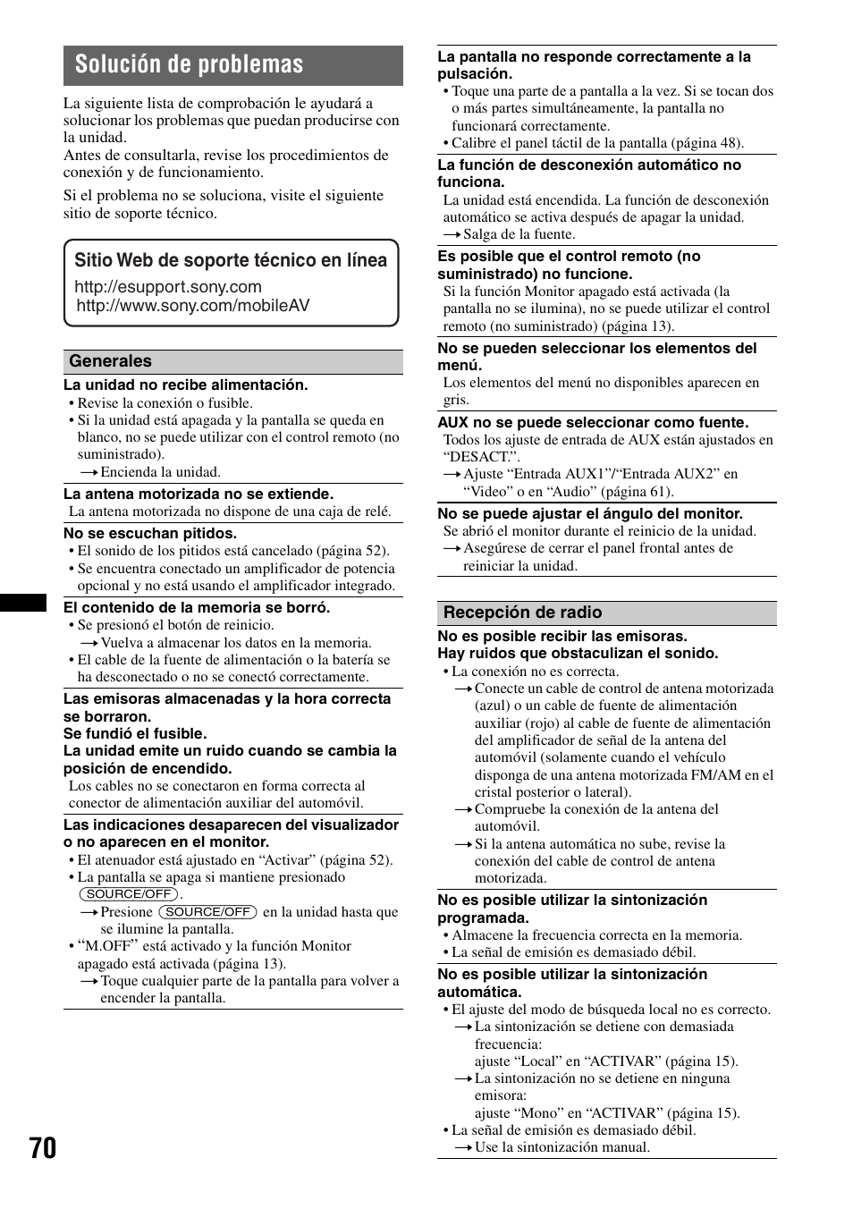 Solución de problemas, Sitio web de soporte técnico en línea | Sony XAV-72BT User Manual | Page 218 / 228